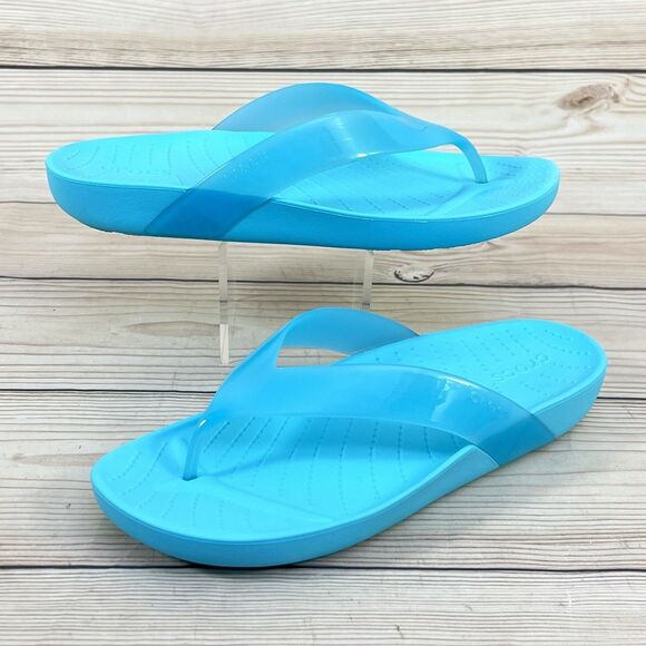 Crocs Sandals Womens 9 Blue Splash Glossy Flip Flop Neptune Thong Beach Pool EUC - Picture 14 of 14